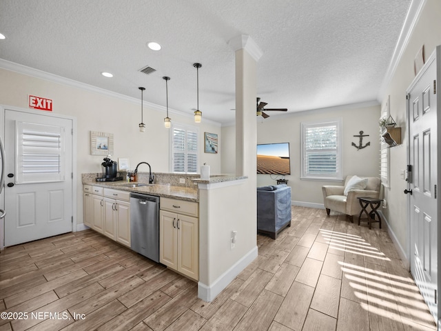 kitchen with dishwasher, ornamental molding, and light stone counters