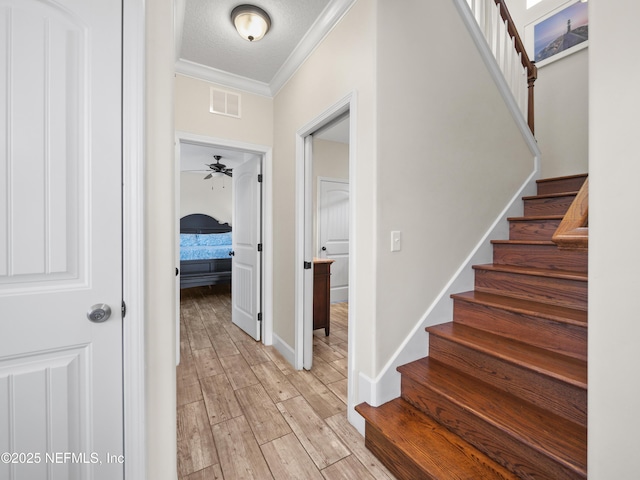 interior space featuring ornamental molding, light hardwood / wood-style floors, and a textured ceiling