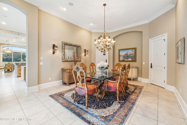 dining room featuring ornamental molding, light tile patterned floors, and a chandelier