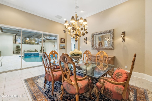 tiled dining area with ornamental molding and a chandelier