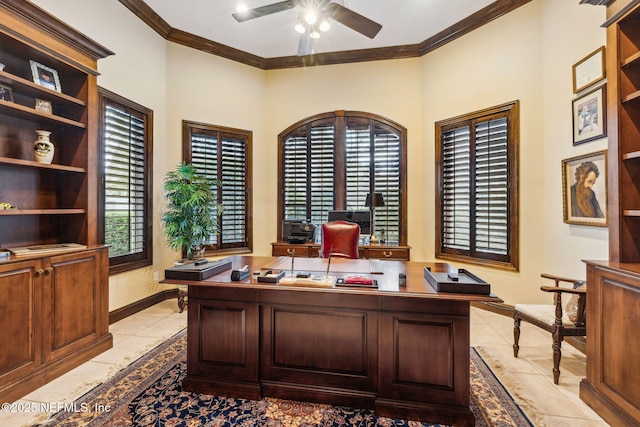 office space featuring ornamental molding, light tile patterned floors, and ceiling fan