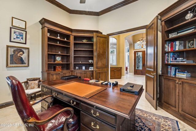 tiled home office with ornamental molding and ceiling fan