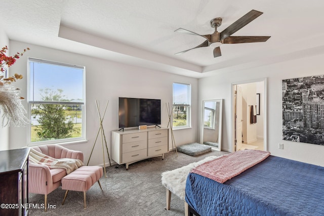 carpeted bedroom with ceiling fan, ensuite bathroom, a tray ceiling, and multiple windows