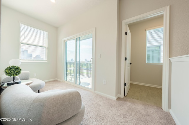 sitting room featuring light carpet