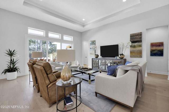 living room featuring light hardwood / wood-style flooring and a raised ceiling