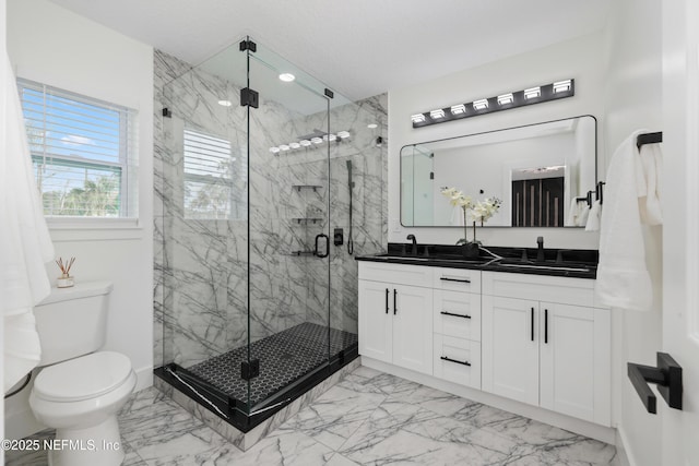 bathroom featuring an enclosed shower, vanity, and toilet