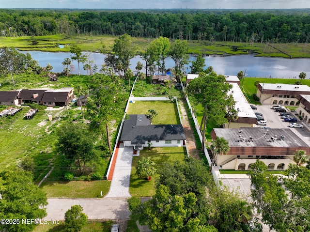 drone / aerial view with a water view