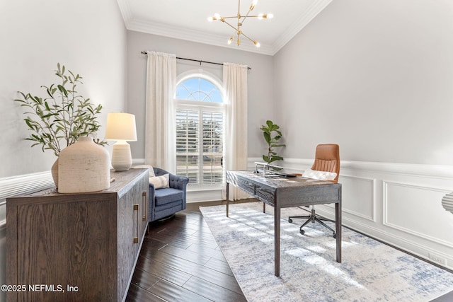 office with an inviting chandelier, dark hardwood / wood-style flooring, and ornamental molding