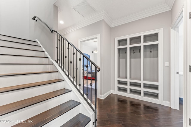 mudroom with crown molding and dark hardwood / wood-style flooring