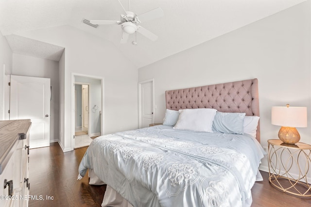 bedroom with ceiling fan, dark hardwood / wood-style flooring, and vaulted ceiling