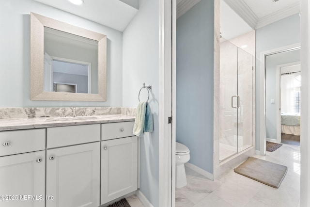 bathroom featuring crown molding, vanity, toilet, and walk in shower