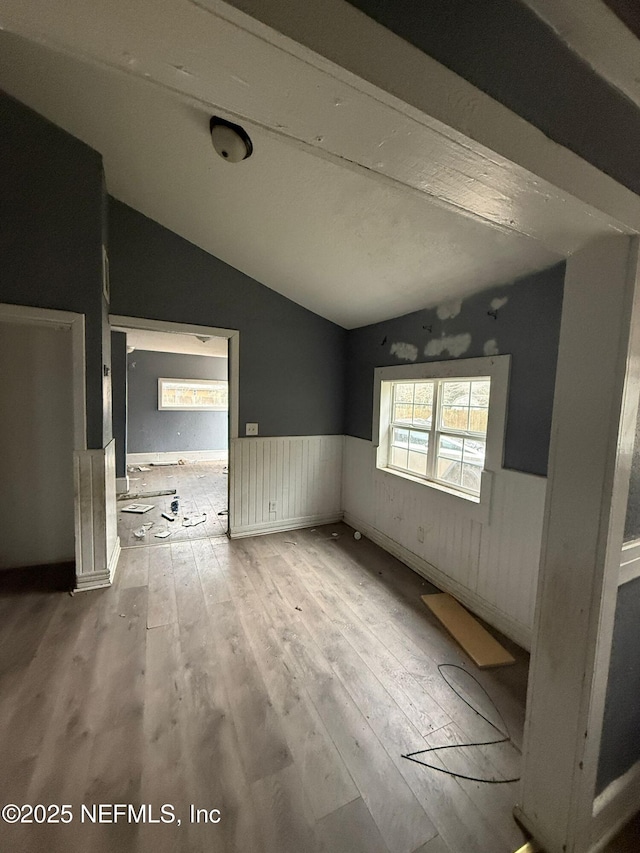 empty room featuring vaulted ceiling and light wood-type flooring