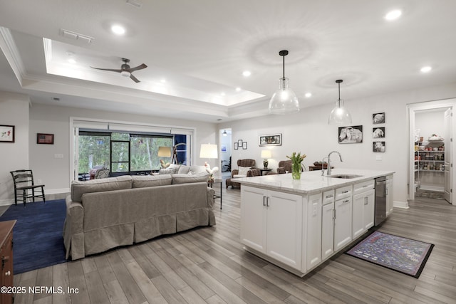 kitchen with light wood-type flooring, dishwasher, a raised ceiling, and a sink