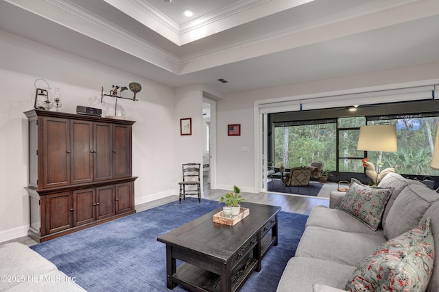 living area with baseboards, a tray ceiling, dark wood-style flooring, and ornamental molding