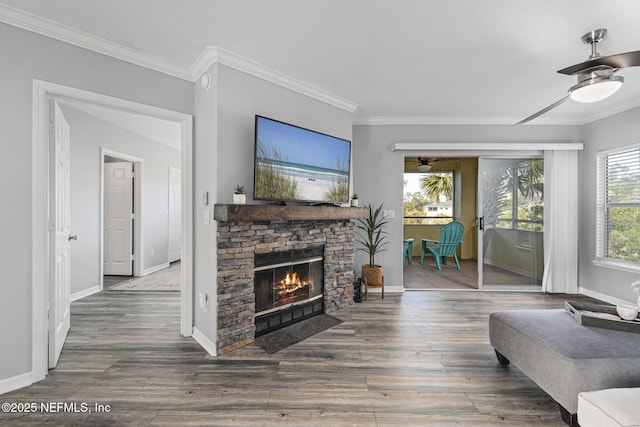 living room featuring crown molding, a stone fireplace, and dark wood-type flooring