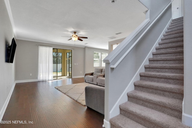 living room with dark hardwood / wood-style floors, a textured ceiling, and ceiling fan