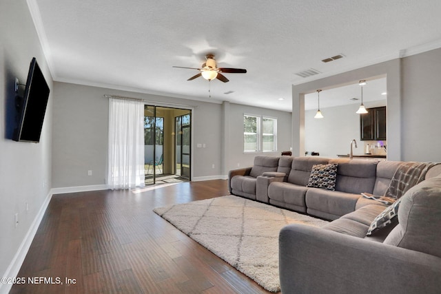 living room featuring sink, dark hardwood / wood-style floors, a textured ceiling, and ceiling fan