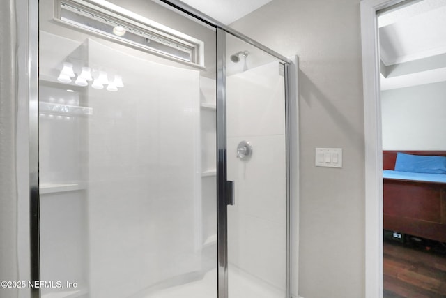 bathroom featuring a shower with shower door and wood-type flooring