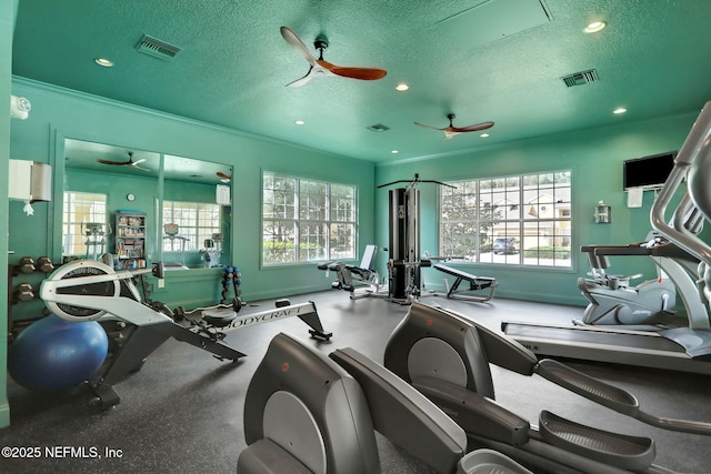 exercise room with ceiling fan, plenty of natural light, crown molding, and a textured ceiling