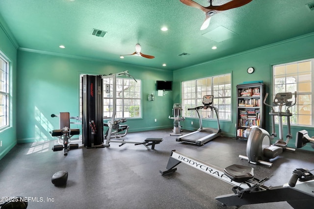 gym featuring crown molding, ceiling fan, and a textured ceiling