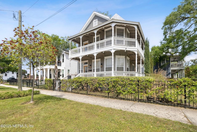 view of front of property featuring a balcony, fence, and a front lawn