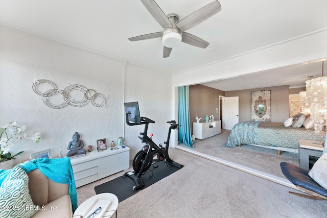 bedroom featuring light carpet and ceiling fan