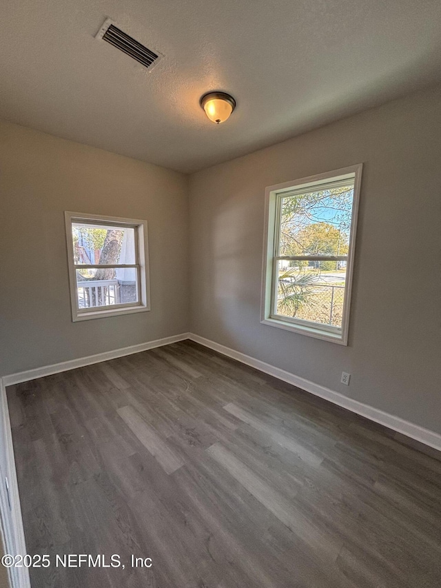 empty room with hardwood / wood-style flooring, a wealth of natural light, and a textured ceiling