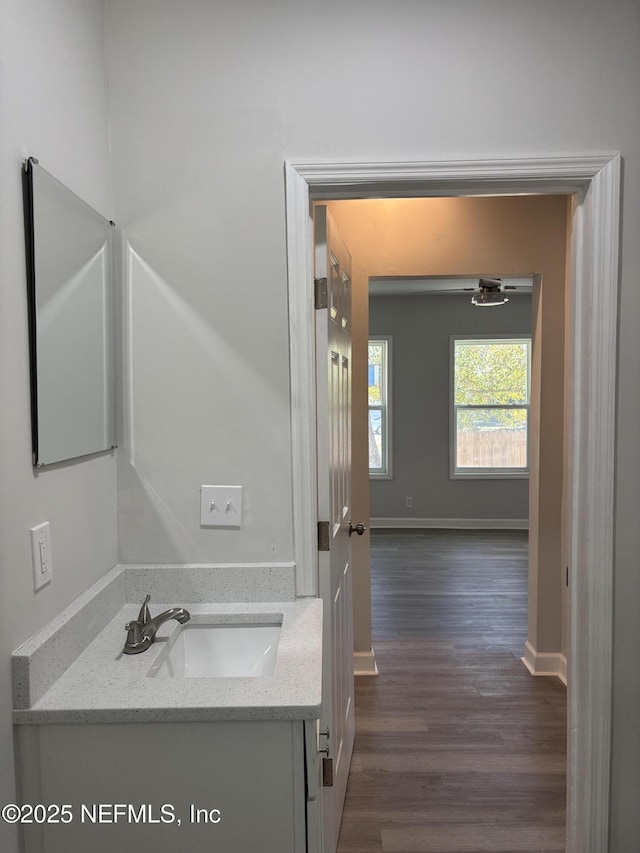 bathroom featuring vanity and hardwood / wood-style floors