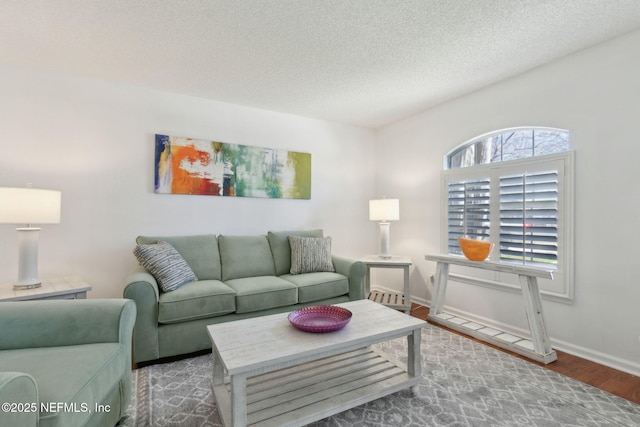 living room with wood finished floors, baseboards, and a textured ceiling