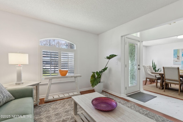 living area with wood finished floors, baseboards, and a textured ceiling