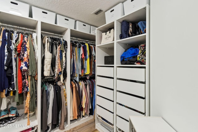 walk in closet with light hardwood / wood-style flooring