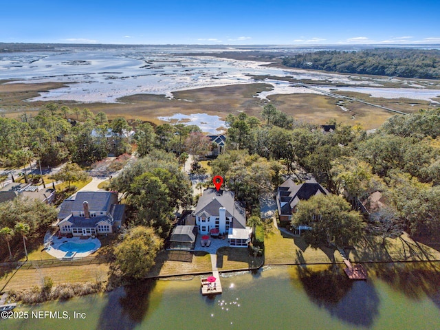 drone / aerial view featuring a water view