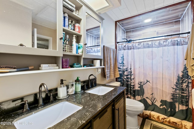 bathroom with vanity, toilet, and a shower with shower curtain