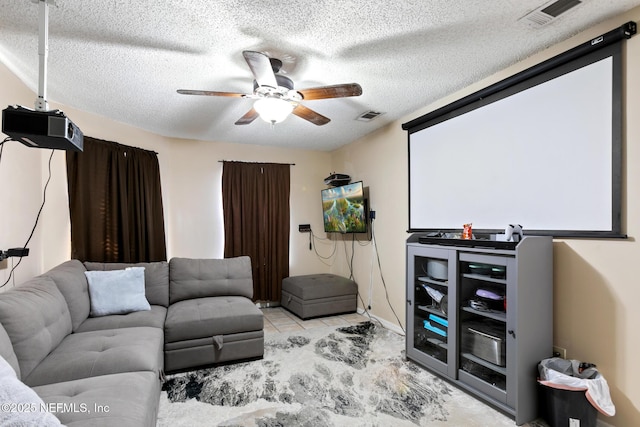 home theater featuring a textured ceiling and ceiling fan