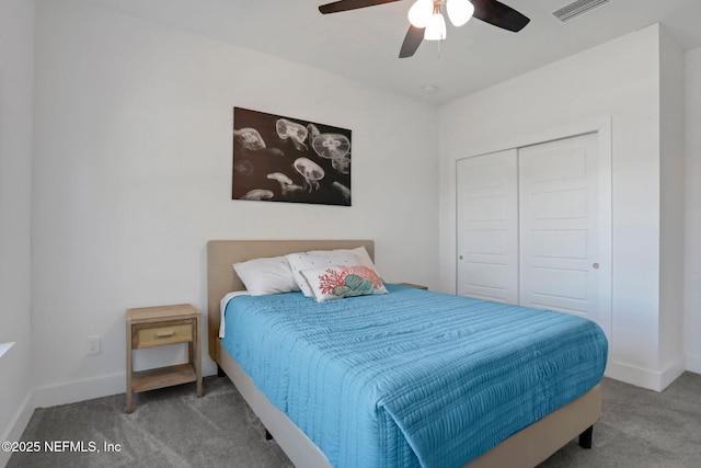 carpeted bedroom with ceiling fan and a closet