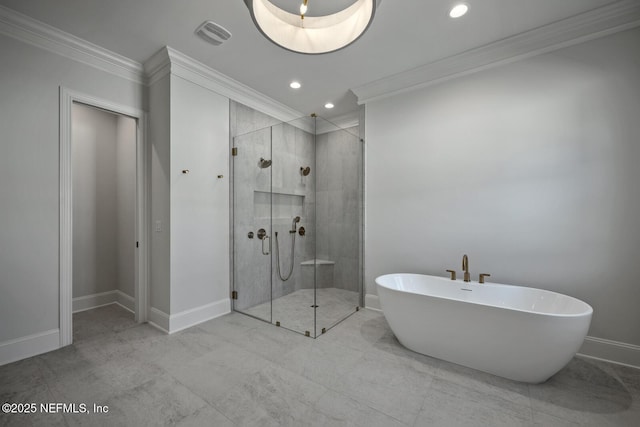 bathroom with ornamental molding and plus walk in shower