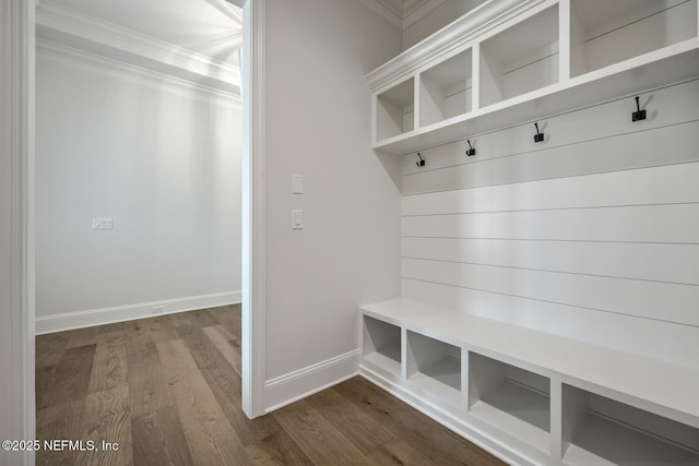 mudroom featuring crown molding and hardwood / wood-style floors