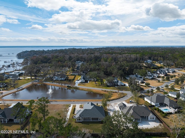 drone / aerial view featuring a water view