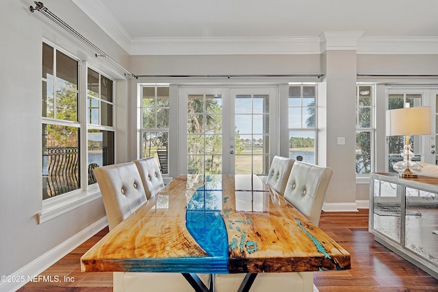 dining room featuring french doors, ornamental molding, plenty of natural light, and dark hardwood / wood-style flooring