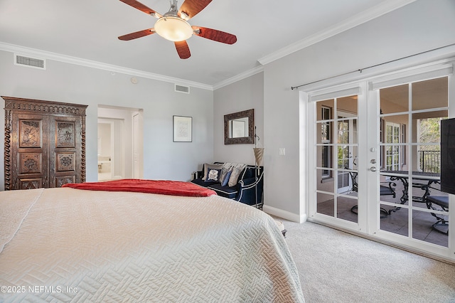 carpeted bedroom featuring access to outside, ornamental molding, french doors, and ceiling fan