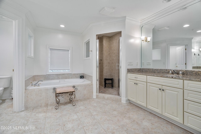 full bathroom featuring independent shower and bath, vanity, ornamental molding, and toilet