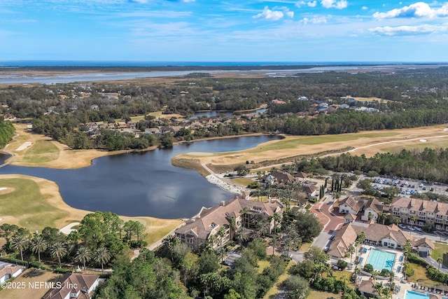 bird's eye view with a water view