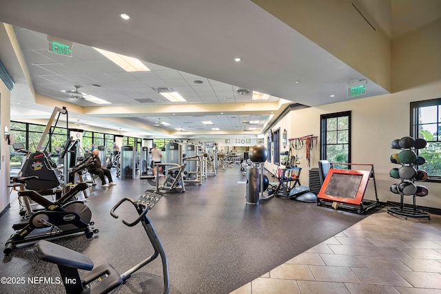 workout area featuring a paneled ceiling