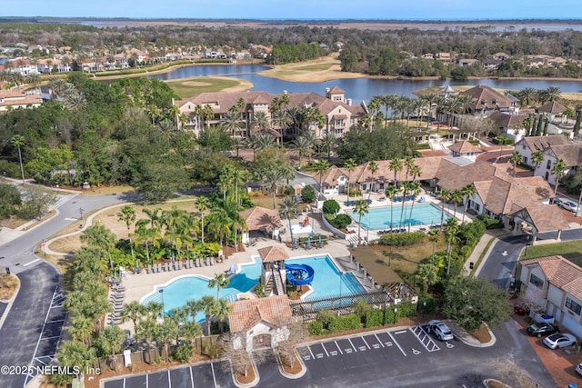 aerial view featuring a water view