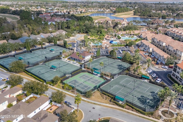 bird's eye view with a water view