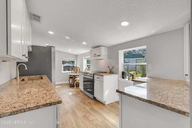 kitchen featuring white cabinetry, kitchen peninsula, stainless steel range with electric cooktop, and light wood-type flooring