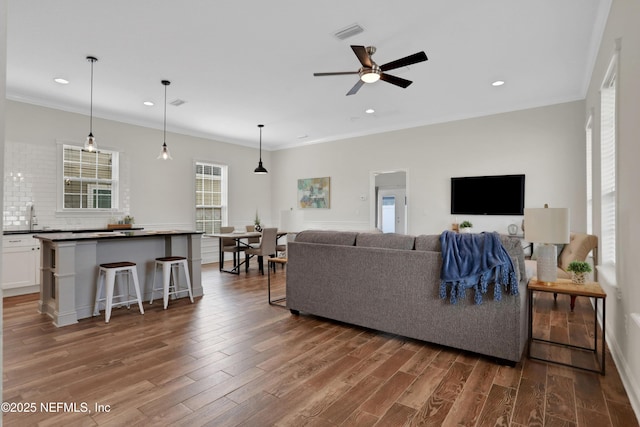 living room with sink, dark wood-type flooring, ornamental molding, and ceiling fan