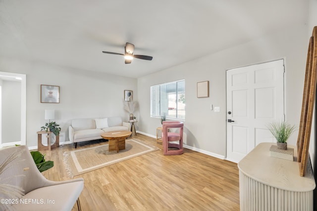 living room with ceiling fan and wood-type flooring