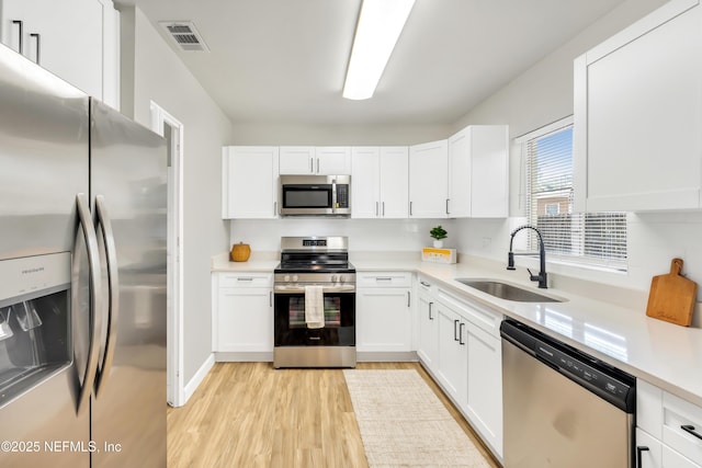 kitchen featuring white cabinetry, sink, light hardwood / wood-style flooring, and stainless steel appliances