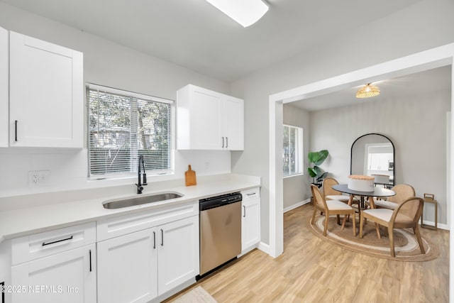 kitchen featuring white cabinetry, sink, stainless steel dishwasher, and light hardwood / wood-style floors